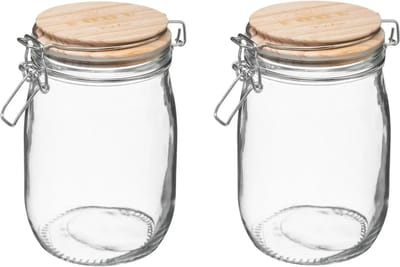 5Five Weckpot/voorraadpot - 2x stuks - 1L glas - houten deksel en beugelsluiting - luchtdichte afsluiting