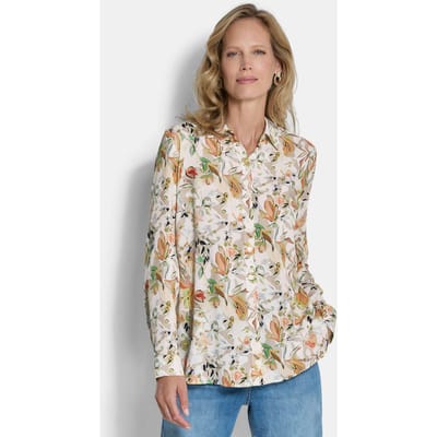 Overhemdblouse van viscose, met bloemenmotief - beige / perzik / gedess. - Gr. 20 van Goldner Fashion