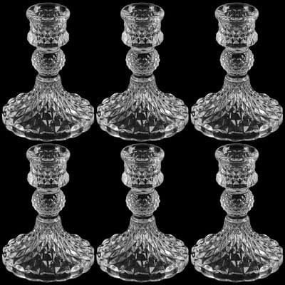 Dailygoods- Kaarsenhouders Set van 6 - Glazen Kandelaars voor Tafeldecoratie - Vintage/Rustiek - 7,7 x 10 cm - Transparant - Sfeervolle Woonaccessoires