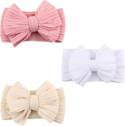 Zachte Baby Haaraccessoires met 3 Stuks Hoofdbanden en Strikken voor Pasgeboren Meisjes in Donkerroze, Wit en Beige