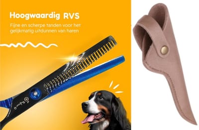 Professor Q – Professionele Effileerschaar – Uitdunschaar Kapper Rechtshandig – Zwart/Blauw – Inclusief Luxe Lederen Etui – Brons –16,5 cm
