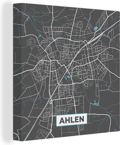 Canvas Schilderij Stadskaart – Kaart – Ahlen – Blauw – Duitsland – Plattegrond - 20x20 cm - Wanddecoratie