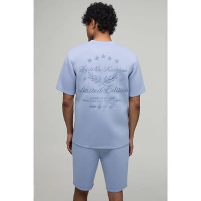 Embroidered Limited Edition Regular Fit Bonded Scuba T-Shirt & Slim Pintuck Short Set | Dusty Blue | Size XS