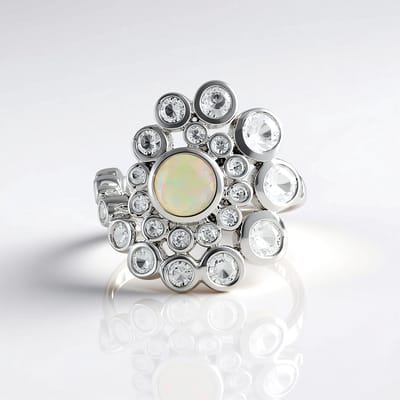 Cavill - Zilveren ring met Welo-opaal 0,454 ct en 2,615 ct zirkonia - 925 Sterling Zilver - elegante damesring met filigraan en bloemdesign