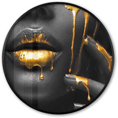 Poster in lijst Rond - Fotolijst 60x60 cm - Posters - Lippen - Vrouw - Goud - Verf - Ronde posterlijst zwart - Decoratie - Wanddecoratie woonkamer - Muurdecoratie slaapkamer