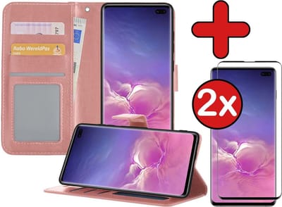 Hoesje - Met 2x Screenprotector - Geschikt voor Samsung Galaxy S10 - Luxe Pasjeshouder - Flip Case - Bookcase Portemonee - Kunstleer Book Case - Flipcase Hoes - Book Cover - Walletcase - Portemonneehoes - Telefoonhoes - Rosé goud