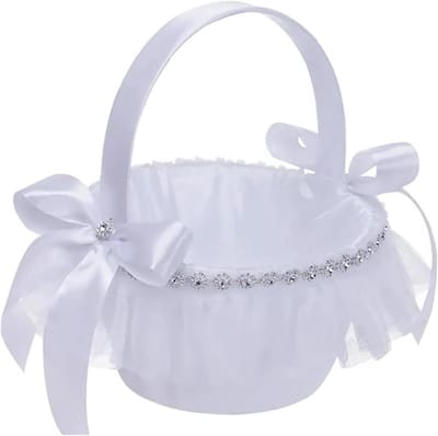 Bloemenmandje Bruiloft - Decor Mandje - Bruiloft Decoratie - Elegant Kant Ontwerp - 19 cm - Wit