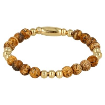 My Bendel - Damesarmband Goudkleurig met Picture Jasper Edelsteen Elastisch - met Luxe Cadeauverpakking | Sieraden Voor Dames | Maat S