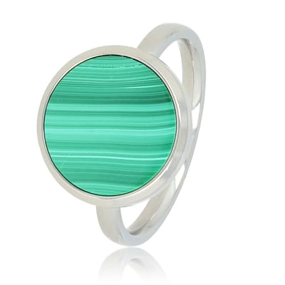 My Bendel - Zilverkleurige Ring met Ronde Malachite - Zilverkleurige Ring met Malachite - Unieke Groene Steen - met Luxe Cadeauverpakking | Sieraden Voor Dames | Maat 16.00 Mm / Maat 50