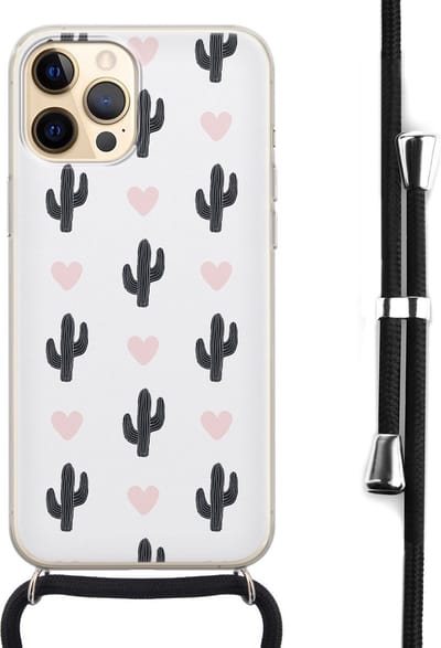 Hoesje met koord - Geschikt voor iPhone 12 - Cactus - Verstelbaar zwart koord - Transparant, Wit - Planten - Leuke Telefoonhoesjes