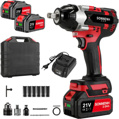 SONNENH Professionele Accu Slagmoersleutel - 900Nm - 2-in-1 Multifunctioneel - Koolborstelloos - Incl. 2x 3.0Ah Accu & 6 Doppen - In Koffer