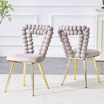Pugsdrly Eetkamerstoelen in lichtgrijs fluweel (set van 2) – Driehoekige rugleuning, goudkleurige metalen poten, stabiel voor eetkamers, kleedkamers en salons