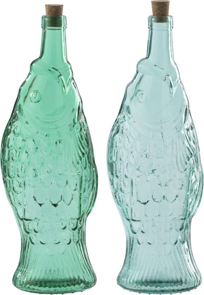 J-Line decoratie Fles - glas - azuurblauw/smaragdgroen - set van 2