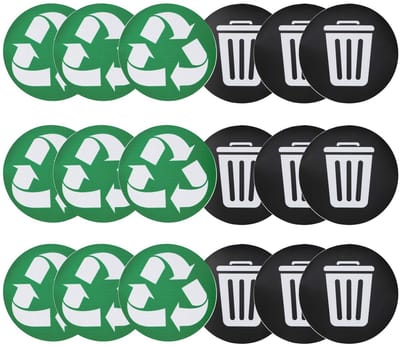 Dailygoods- Recycle Sticker - 18 Stuks - Waterdichte Prullenbaksticker - Zelfklevende Sticker - Mat Gelamineerd PVC - Diameter 12,5 cm - Vuilnisbaksticker