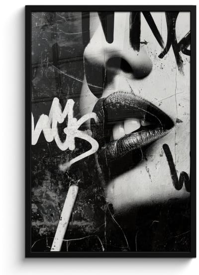 Poster in lijst - Fotolijst 60x90 cm - Posters - Gezicht - Mond - Graffiti - Zwart - Posterlijst zwart - Decoratie - Wanddecoratie woonkamer - Muurdecoratie slaapkamer