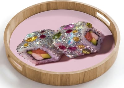 Dienblad rond 40x40 cm - Schootdienblad hout - Sushi - Rolletjes - Steentjes - Kleurrijk - Borrelplank rechthoek - Plateau houten dienbladen