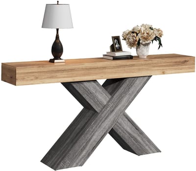 Consoletafel - X-vormige Poten en Onderplank - Houtlook Ontwerp - Spaanplaat - Houtkleur