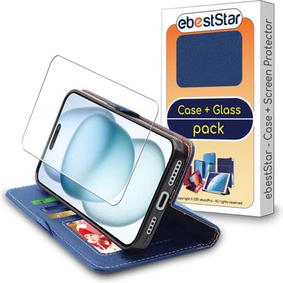 ebestStar - Hoes geschikt voor iPhone 15 Plus Apple, Wallet Etui, Book case hoesje, Donkerblauw + Gehard Glas