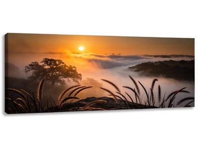 Canvas Schilderij - Misty Mountain Sunrise - 120x50 cm - Natuur wanddecoratie - Muurdecoratie luxe - Schilderijen op canvas - Wanddecoratie woonkamer
