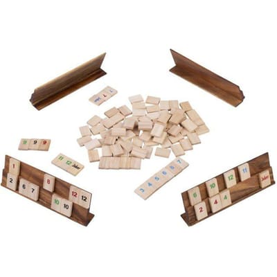 Jeu de société en bois - ENGELHART - Rummy en bois - 2-4 joueurs - Coffret bois - Tuiles numérotées acacia marron