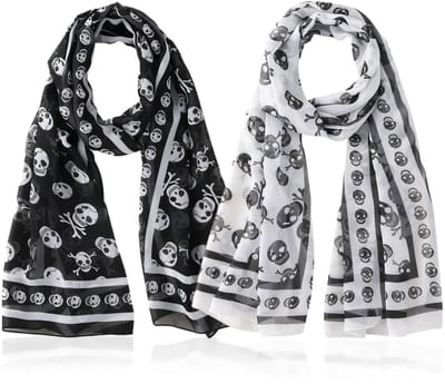 Dailygoods- Sjaal 2 Stuks - Dames Chiffon Sjaal - 50 x 150 cm - Zachte Halsdoek - Doodskop Patroon - Lichtgewicht Design