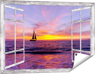 Gards Tuinposter Doorkijk Zeilboot Silhouet bij Zonsondergang - 90x60 cm - Tuindoek - Tuindecoratie - Wanddecoratie buiten - Tuinschilderij