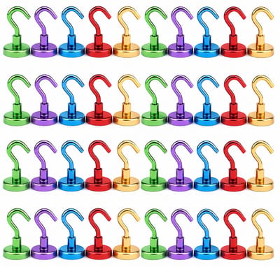 TLVX 40 stuks Haakmagneet Rood, Blauw, Paars, Groen, Goud 16mm x 36mm / Erg sterk / 7 KG trekkracht / Magnetische ophanghaak / Magneet met haak / Metalen haak / Deurmagneet haak voor sleutels / Koelkast magneet handdoek / Magneet gereedschap / Foto