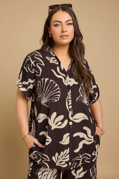 Yours Overhemd Met Schelpenprint Met Textuur En Korte Mouwen In Bruin Size 44