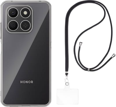 Set met hoesje en nekband voor iphone 16 pro max - Flexibele, transparante TPU-bescherming, verstelbare universele nekband voor mobiele telefoons, zwarte nekband, transparante draagriem van Phonillico®