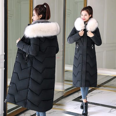 Hiver grand col de fourrure mi-longue veste rembourrée grande taille veste rembourrée mince à la mode sur le genou femme doudoune rembourrée XXXL white
