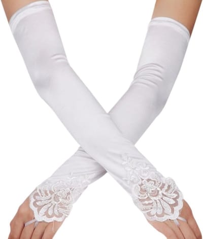 Elegante Lange Vingerloze Bruids- en Avondhandschoenen van Satijn en Kant in Wit, One Size, Perfect voor Feestjes en Bruiloften