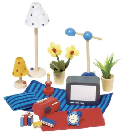 Goki - Houten poppenhuis - Woon- en slaapkamer accessoires - 17-delig