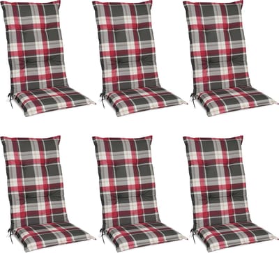 Beautissu Sunny RK – Set van 6 Tuinkussens Hoge Rug 120x50 cm met UV-lichtechtheid Comfortabele Tuinstoel Zitkussen Rood Grijs geruit