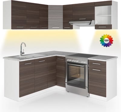 Vicco Hoekkeuken R-Line, Edel grijs/Wit, 187 x 167 cm, WB Marmer met LED-strip