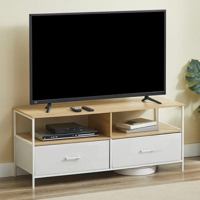 CASABEL tv-meubel van 120 cm in wit metaal en MDF met 2 stevige stoffen lades en open schappen, modern en robuust design.