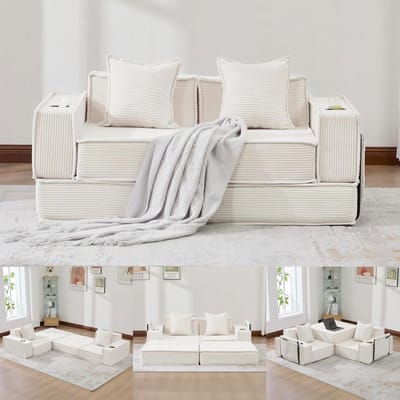 Multifunctionele 2-Zits Bank, Moderne Tweepersoons Slaapbank met een Comfortabele Stoffen Bank en twee Kussens, Een Stijlvolle, Decoratieve Voetenbank met Opbergruimte aan de Zijkant en Bekerhouders-Beige