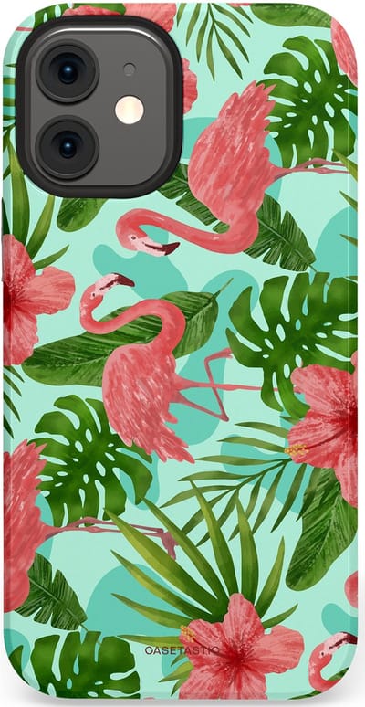Casetastic hoesje geschikt voor Apple iPhone 12 Mini - Dubbellaagse bescherming - Flamingo jungle - Fashion Case - Mintgroen Koraal