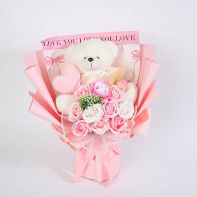 La Roselle Amsterdam Teddybeer met Roze & Ivoor Kunstrozen – Cadeauboeket met Witte Knuffelbeer