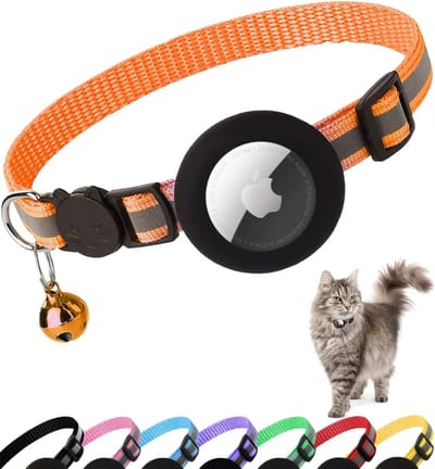 Kattenhalsband Airtag, Reflecterende Halsband voor Katten met Veiligheidssluiting, Air Tag-Beschermhoes en Belletje, Geschikt voor Katten Van Alle Groottes, 1 CM Breed en Lichtgewicht(Oranje)