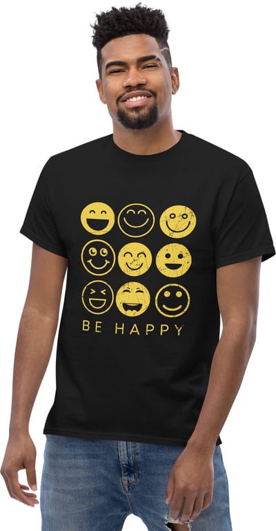 Heren Dames T Shirt - Be Happy Smileys - Quote - Zwart - M