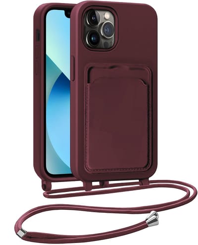 Hoesje Geschikt voor iPhone 13 Pro Hoesje Met Telefoonkoord en Pasjeshouder Siliconen - Hoes Geschikt voor iPhone 13 Pro Hoesje Met Kaarthouder Case - Aubergine
