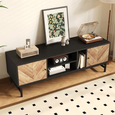 STILVORA Tv Meubel - Contrasterend Design Met Opbergruimte - Voor Woonkamer En Slaapkamer - Ijzer;Spaanplaat - 150x38x55 Cm - Zwart;Natuurlijk