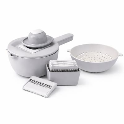 Mandoline Snijder Set met Opvangbak – 5-in-1 Groente & Fruit Slicer – 5 Messen – RVS – Veilig met Handbeschermer – Multifunctioneel – Grijs