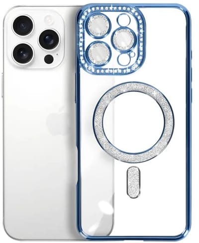 Hoesje met Diamantjes en Glitter Geschikt voor: iPhone 16 Pro Max- MagSafe Glitter Hoesje - Blauw met Diamanten steentjes - Glamour Hoesje