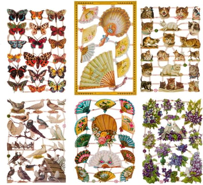 Poëzieplaatjes - 6 vellen - plaatjes - hobby - creatief - decoupage - knutselen - scrapboek - met Vlinders - BOERDRIJ DIEREN - HONDEN - KATTEN - VOGELS - WAAIERS - DUIVEN