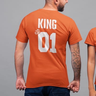 Oranje EK WK & Koningsdag T-Shirt King Queen 01 (HEREN - MAAT XS) | Oranje Kleding | WK Feestkleding