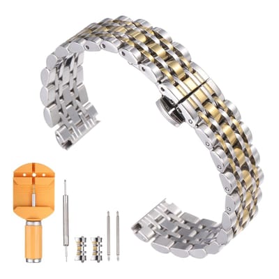 Dailygoods - QUARKZMAN Horlogeband van roestvrij staal, 18 mm, snelsluiting, gepolijste metalen armband, vervangende vlindergesp, horlogeband met gereedschap voor het verwijderen, zilver/goud