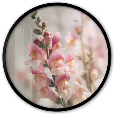 Poster in lijst Rond - Fotolijst 40x40 cm - Posters - Bloem - Leeuwenbek - Roze - Stengel - Ronde posterlijst zwart - Decoratie - Wanddecoratie woonkamer - Muurdecoratie slaapkamer