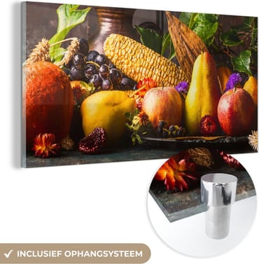 MuchoWow® Glasschilderij 120x60 cm - Schilderij acrylglas - Groente - Fruit - Rustiek - Tafel - Foto op glas - Schilderijen