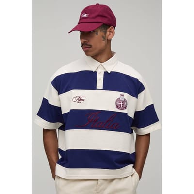 Oversized Boxy Polo Met Halve Mouw En Geborduurd Italia Streepdesign Rugby | Navy | Size XS
